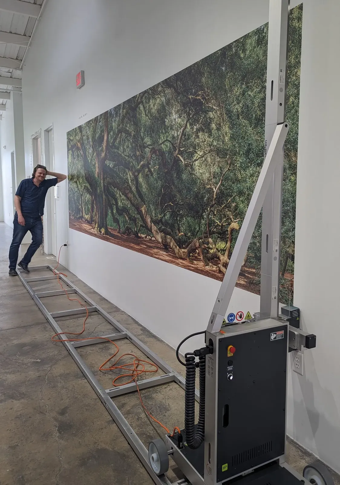 A forest mural printed along a corridor, with the printer on its track
